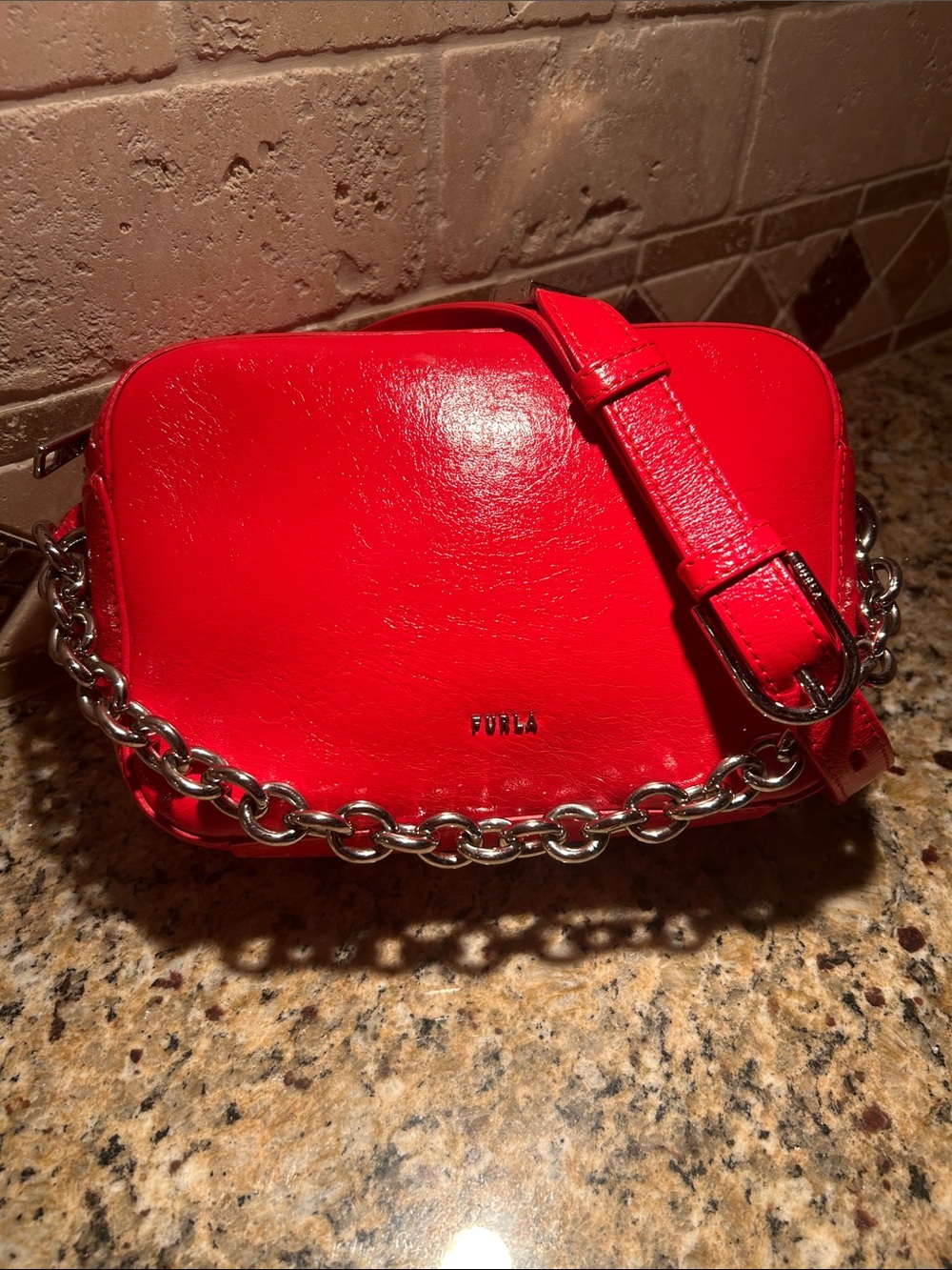 Furla Bold Red Leather Crossbody with Chain Accent